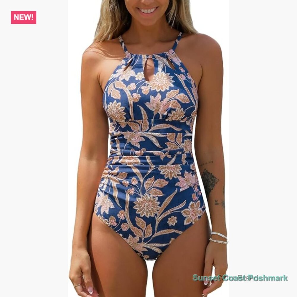 High Neck Tummy Control One Piece Swimsuit with Floral Print